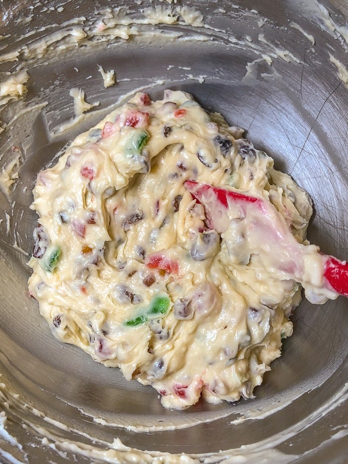 Fruitcake Loaf Cake batter ready for the pan