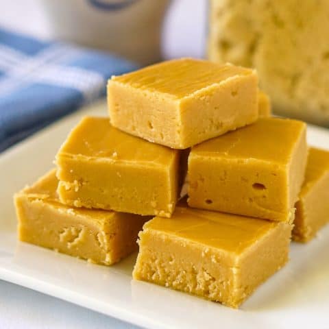 Old Fashioned Brown Sugar Fudge close up photo on a white plate