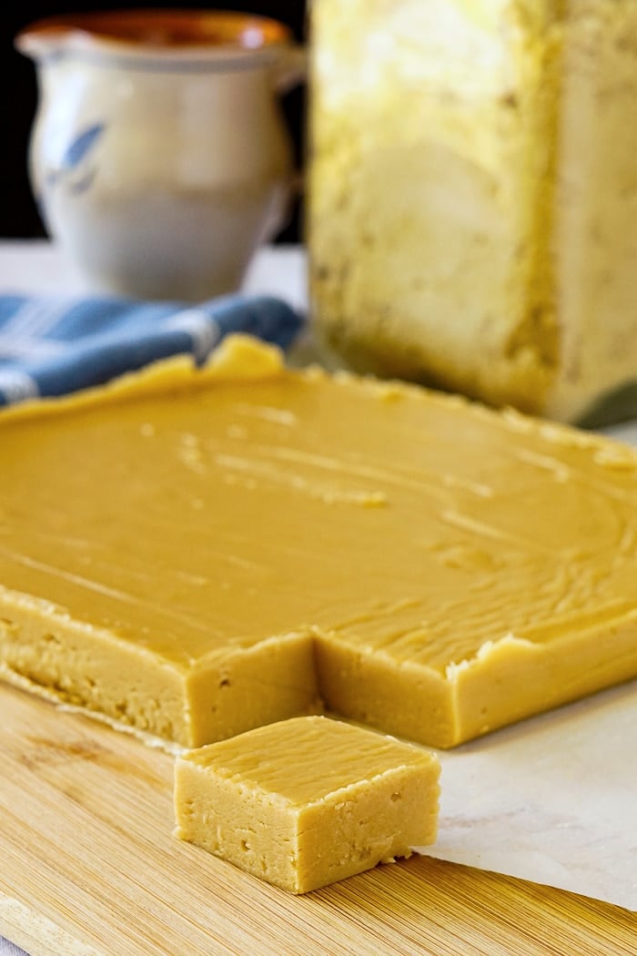 Old Fashioned Brown Sugar Fudge on a wooden cutting board