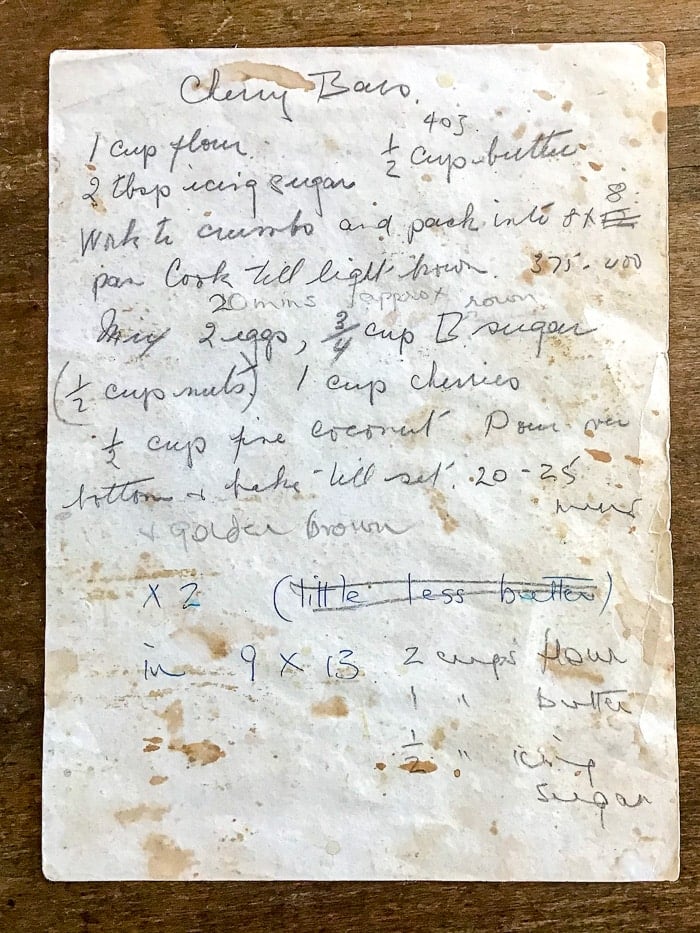 Patsy's hand written recipe for cherry bars.