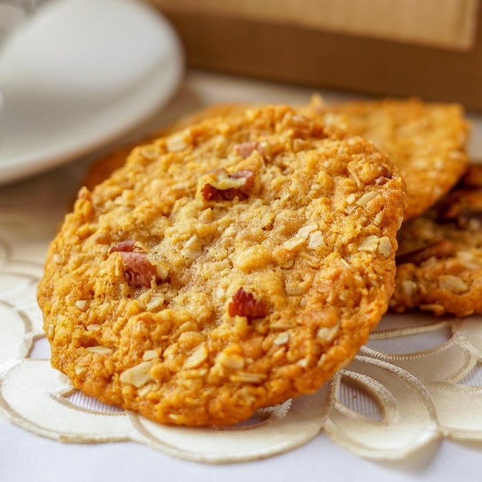 Anzac Cookies close up of a single cookie