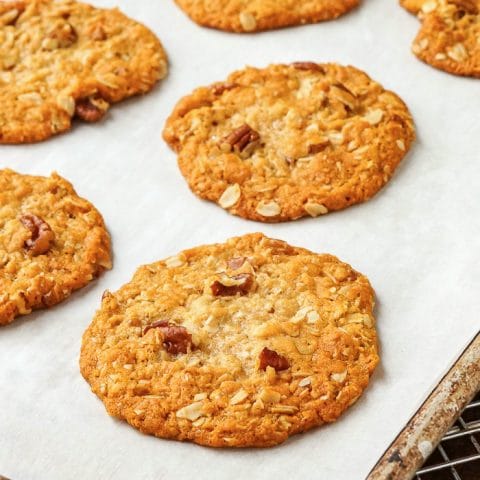 Anzac cookies close up photo of baked cookies on a cookie sheet