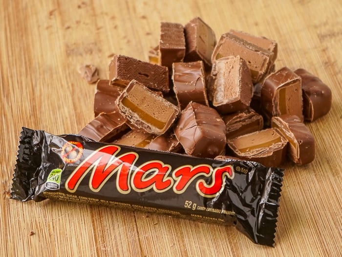 Cut up Mars Bars with candy bar package