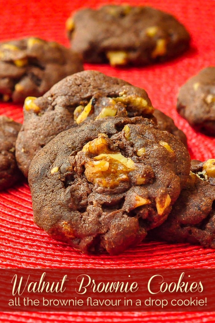 Walnut Brownie Cookies close up photo with title text added for Pinterest