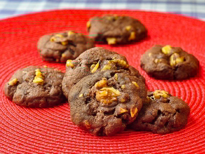 Walnut Brownie Cookies on a red background