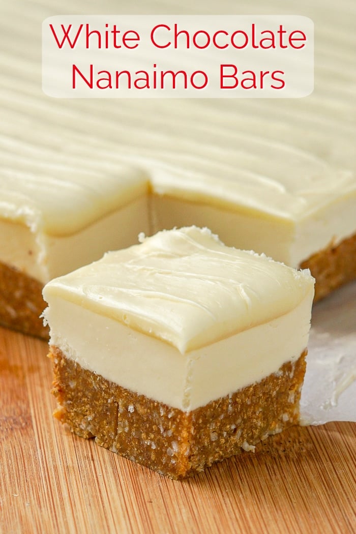 White Chocolate Nanaimo Bars on a wooden cutting board with title text