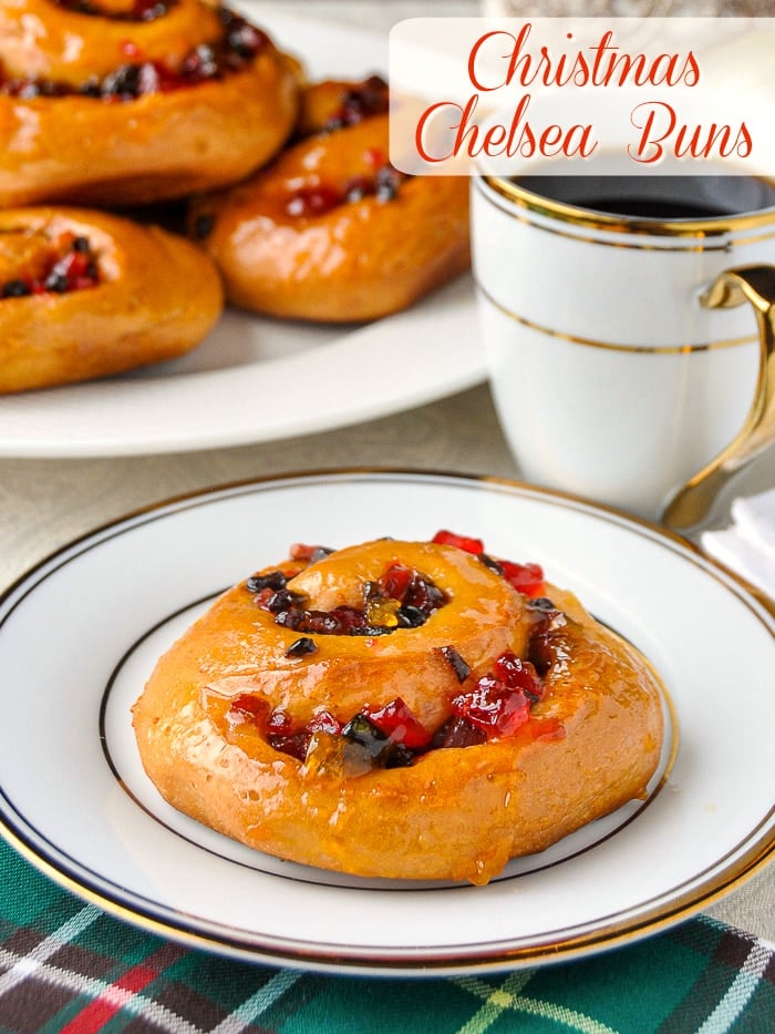 Christmas Chelsea Buns photo with title text for Pinterest