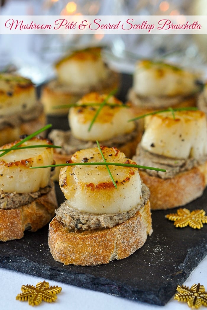 Mushroom Pâté and Seared Scallop Bruschetta photo with title text for Pinterest