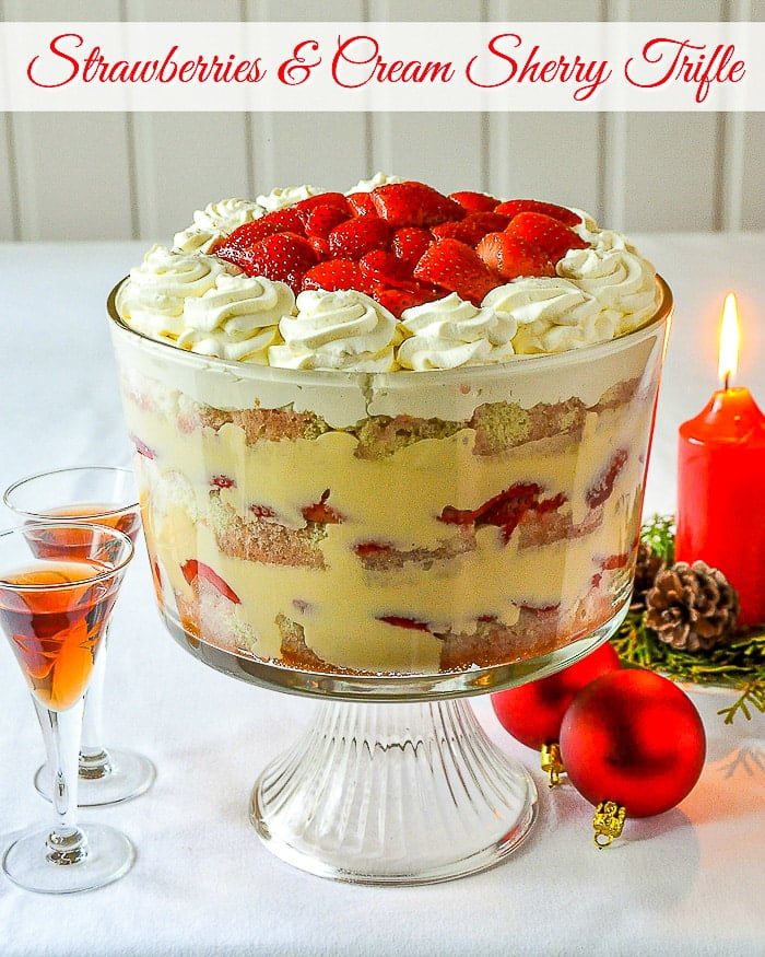 Strawberries and Cream Sherry Trifle photo with title text added for Pinterest
