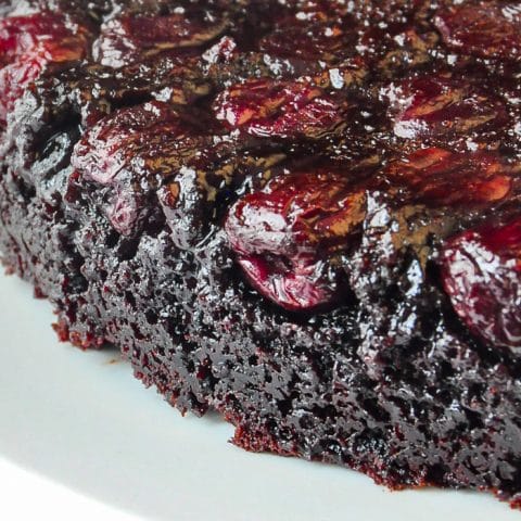 Chocolate Cherry Upside Down Cake close up photo of the cake just out of the oven