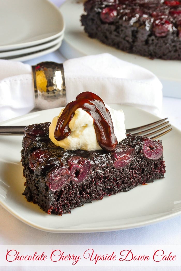 Chocolate Cherry Upside Down Cake photo of singe slice with title text added for Pinterest