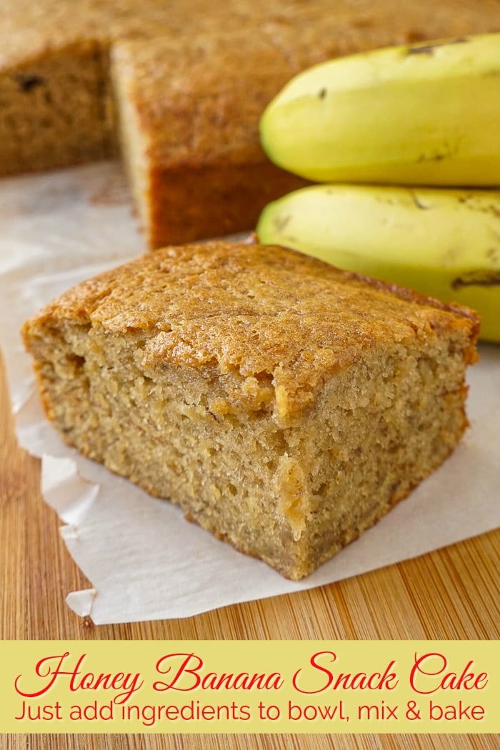 Honey Banana Snack Cake on a wooden cutting board with title text added for Pinterest