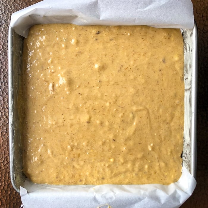 Honey Banana Snack Cake ready for the oven