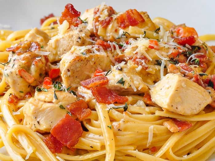 Parmesan Chicken Linguine close up shot of a single serving