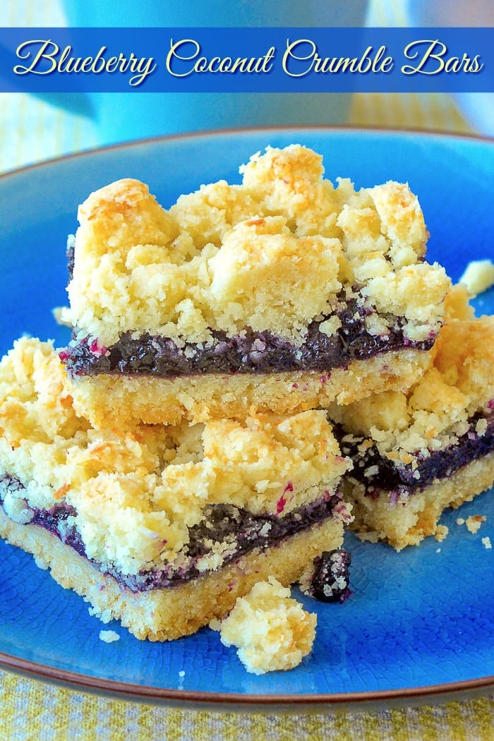Blueberry Coconut Crumble Bars photo with title text for Pinterest