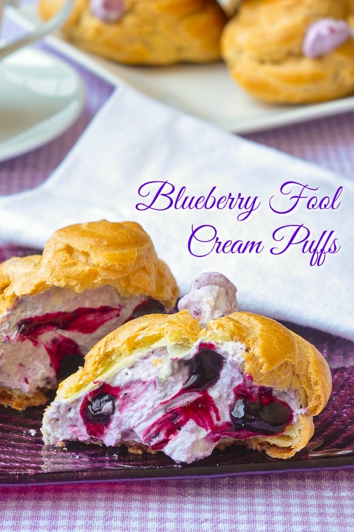 Blueberry Fool Cream Puffs photo with title text for Pinterest