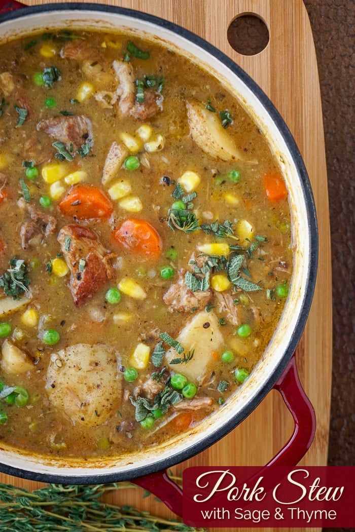 Pork Stew with Sage and Thyme Photo of entire pot of stew with title text added for Pinterest