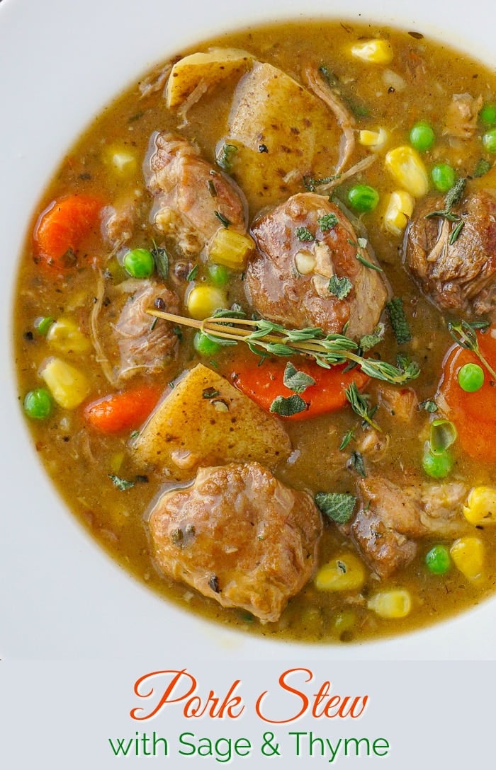 Pork Stew with sage and thyme in a white bowl with title text added for Pinterest