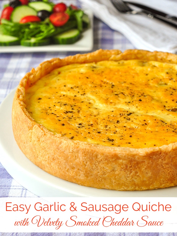 Sausage Garlic Quiche photo of uncut quiche with title text added for Pinterest