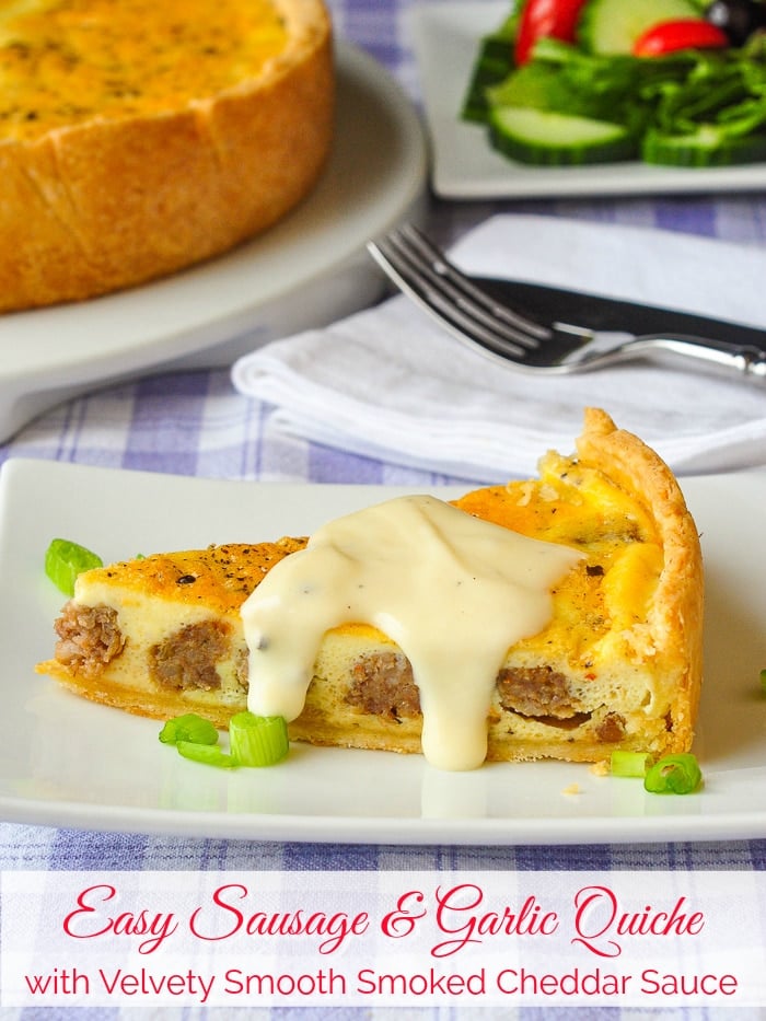 Sausage Garlic Quiche with smoked cheddar sauce photo with title text for Pinterest
