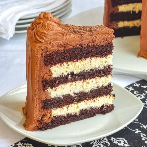 Triple Chocolate Truffle Cake close up photo of a single slice on a white plate