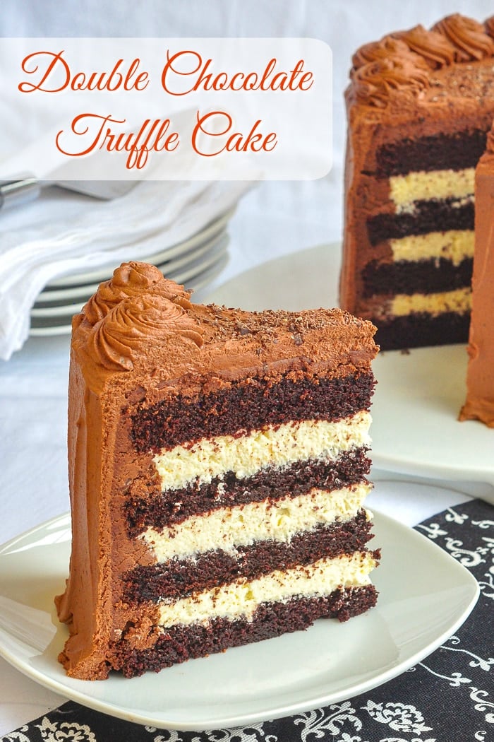 Triple Chocolate Truffle Cake photo of a single slice of cake with title text added for Pinterest