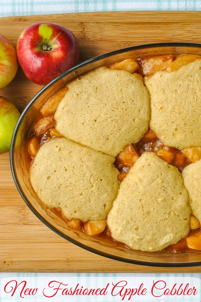 Apple Cobbler overhead close up photo with title text for Pinterest