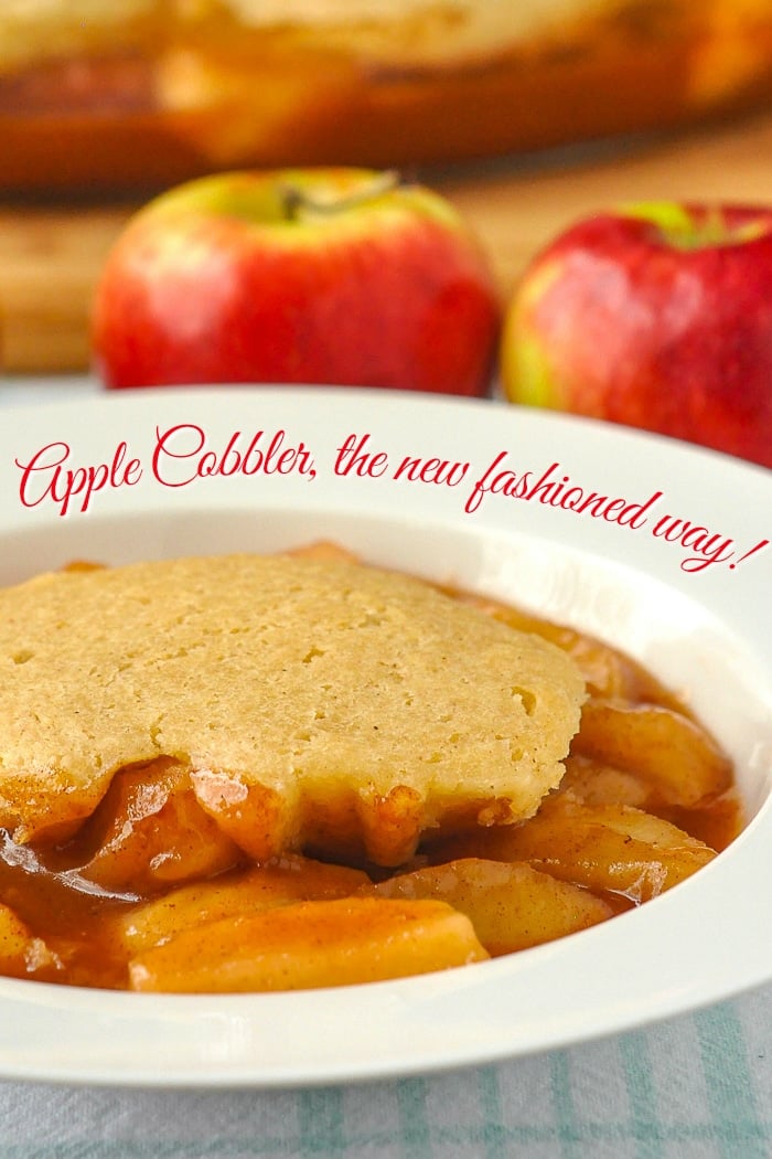 Apple Cobbler photo of a single serving in a white bowl with title text added for Pinterest