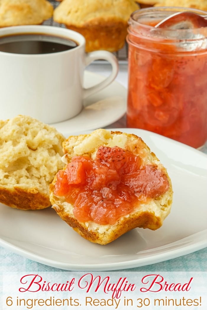 Biscuit Muffin Bread shown served with jam at brunch with title text added for Pinterest