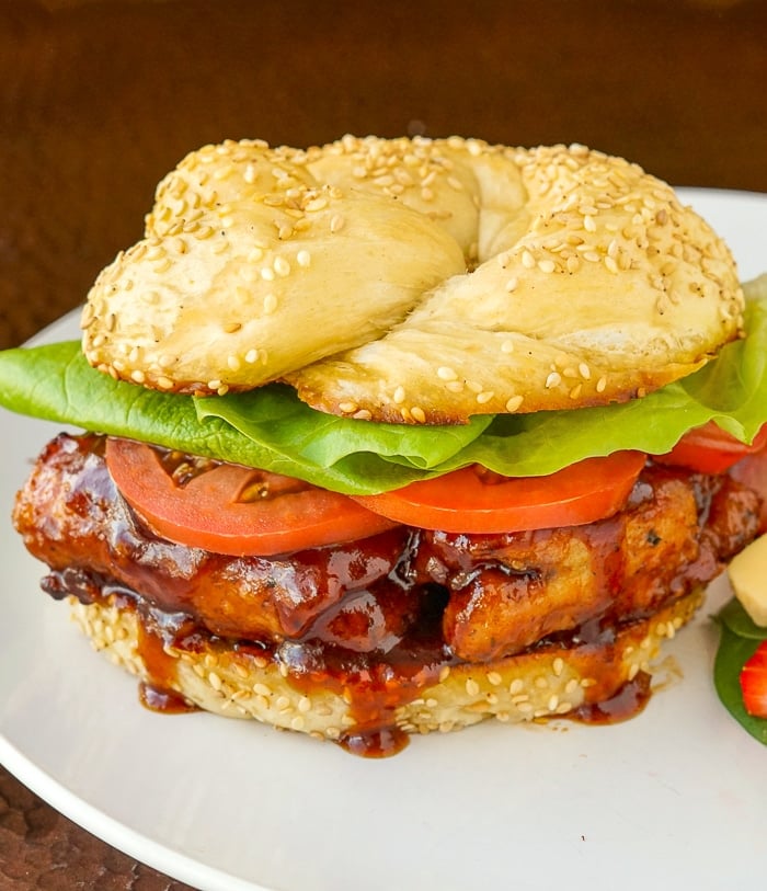 Honey Garlic Barbecue Chicken Burger on a white plate