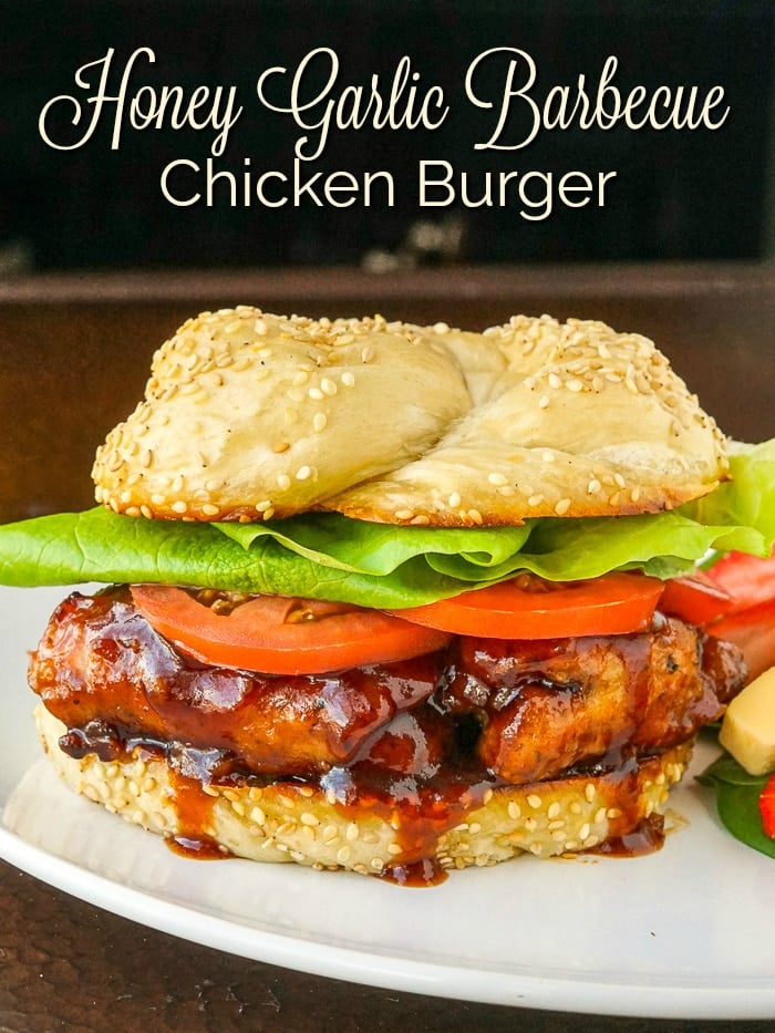 Honey Garlic Barbecue Chicken Burger photo with title text for Pinterest