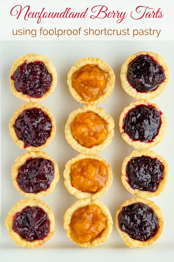 Jam Tarts overhead photo of 3 tart versions on a white plate with title text added for Pinterest