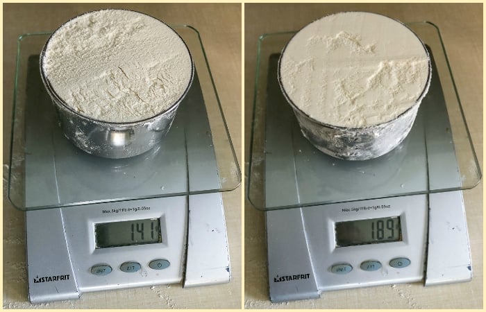 How to Measure Flour Correctly. Two photo collage showing the weight of a cup of flour measured two different ways.