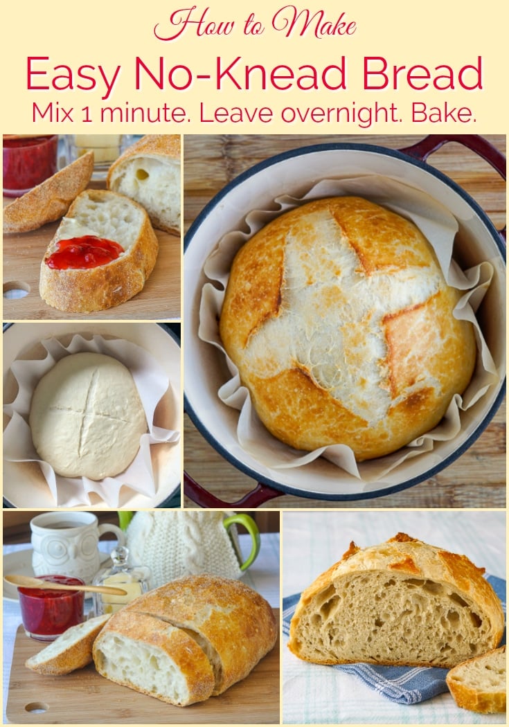 No Knead Bread photo collage with title text added for Pinterest