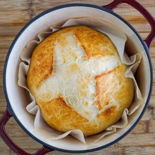 No Knead bread fully baked and still in the dutch oven