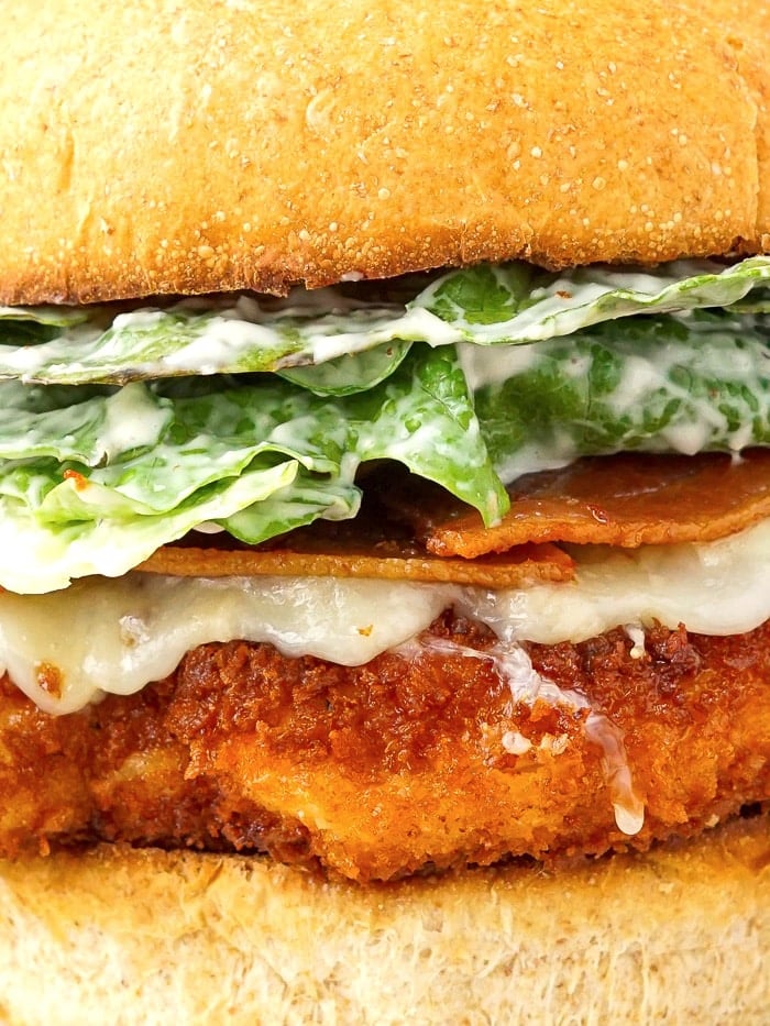 Panko Chicken Caesar Burgers extreme close up photo of the centre of the burger