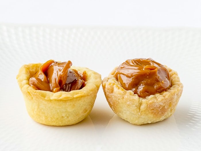 Two caramel Dulche de leche caramel tarts using 2 different pastry recipes