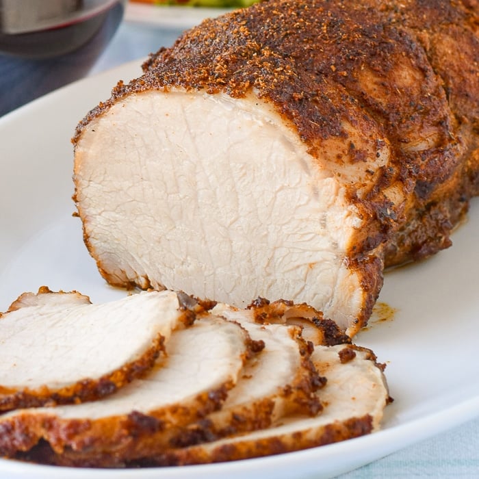 Brined Roast Pork Loin close up photo of sliced pork