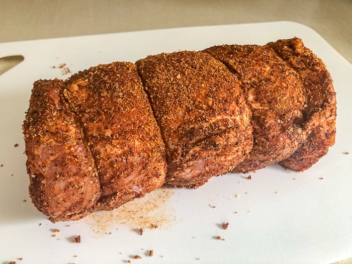 Brined Roast Pork Loin covered in dry rub