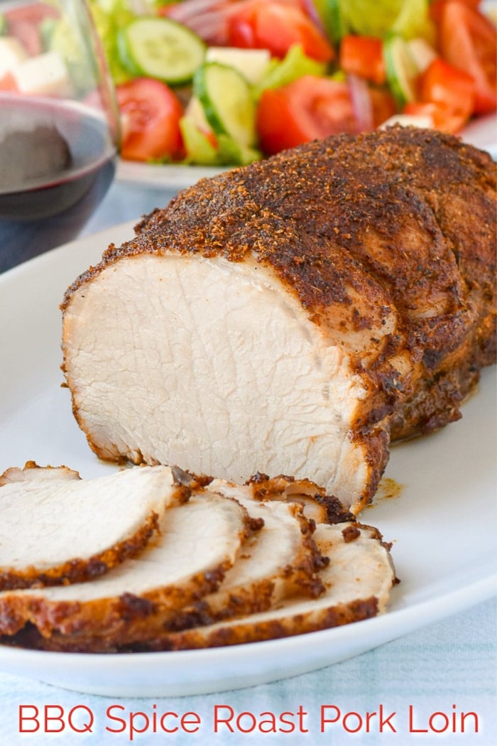 Brined Roast Pork Loin photo with title text added for Pinterest