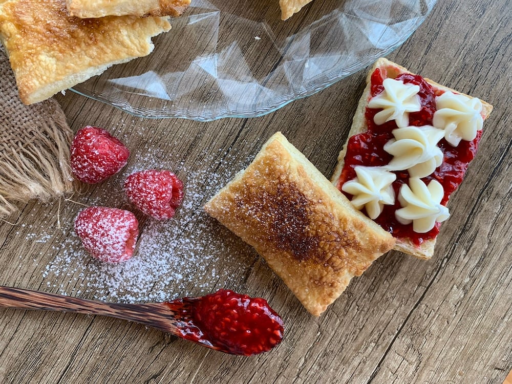 Overhead photo of Homemade Flakies with raspberry compote