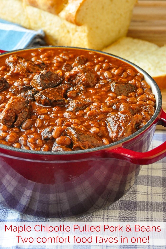 Maple Chipotle Pulled Pork and Beans in a red dutch oven with title text added for Pinterest