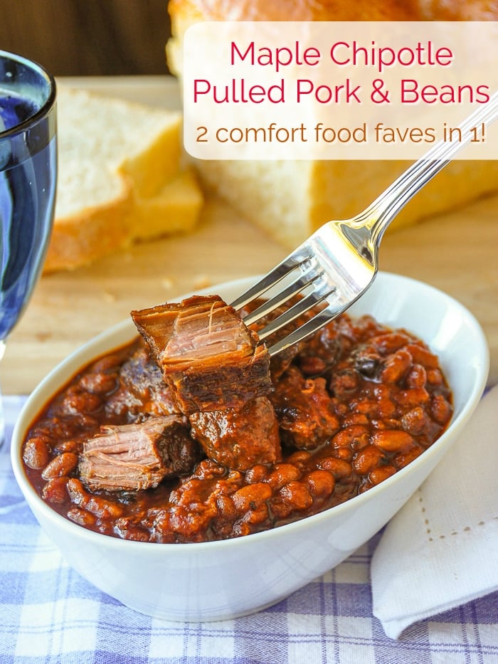 Maple Chipotle Pulled Pork and Beans photo with title text added for Pinterest