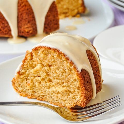 Maple Vanilla Bean Bundt Cake close up photo of a single slice