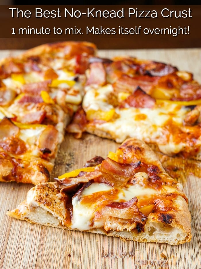 No Knead Pizza Dough photo with title text added for Pinterest