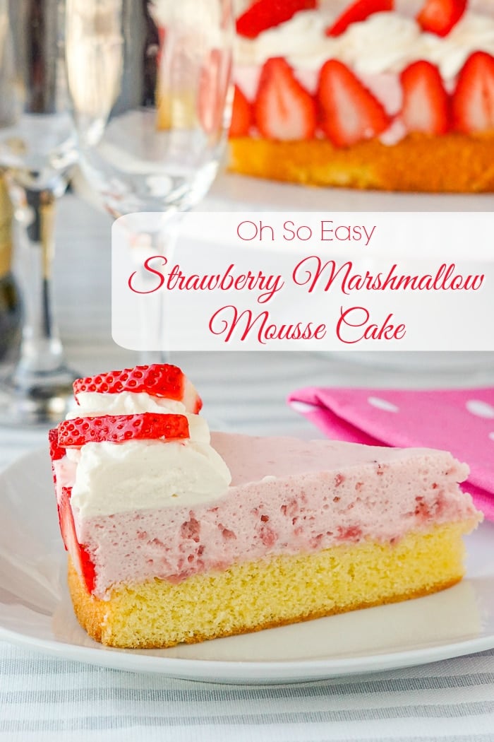 Strawberry Marshmallow Mousse Cake photo of a single slice of cake with title text added for Pinterest