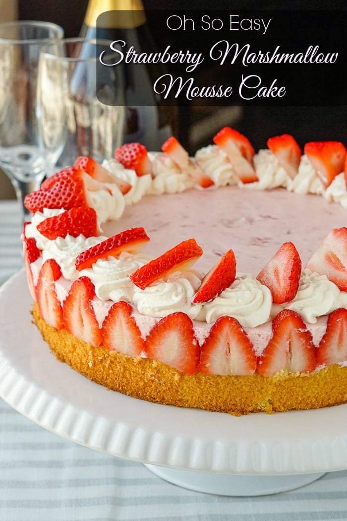 Strawberry Marshmallow Mousse Cake photo of uncut cake with title text added for Pinterest