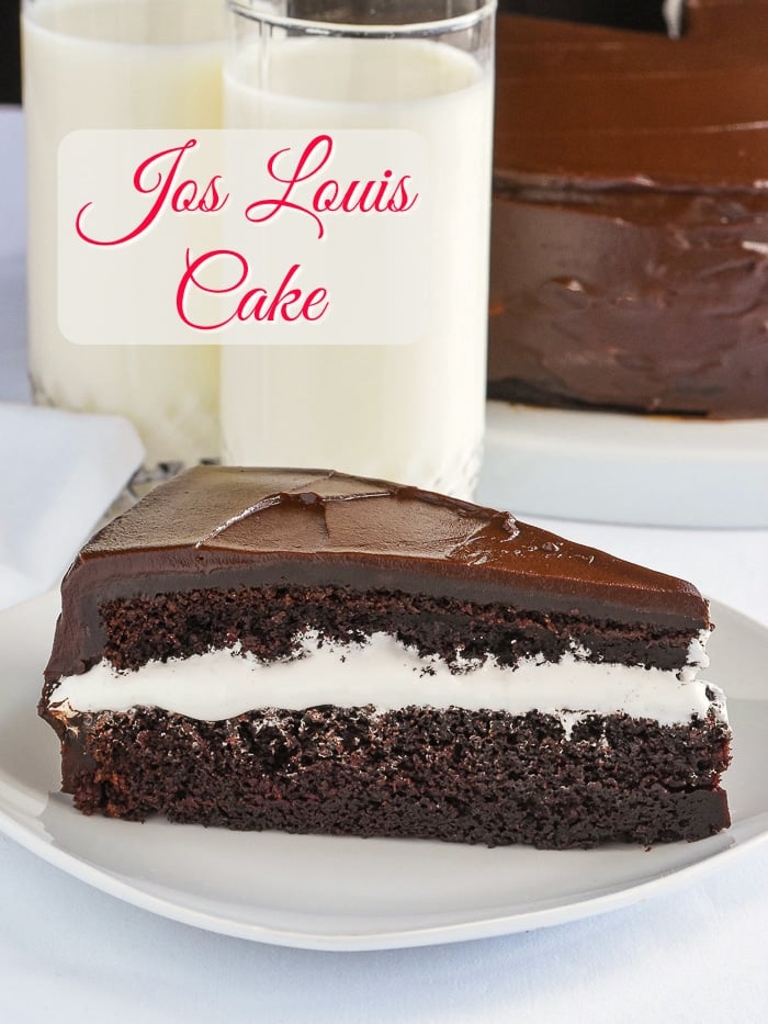 Jos Louis Cake photo of singe slice with title text added for Pinterest
