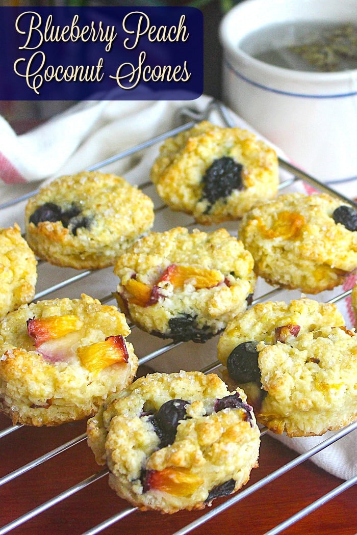 Blueberry Peach Coconut Scones photo with title text added for Pinterest