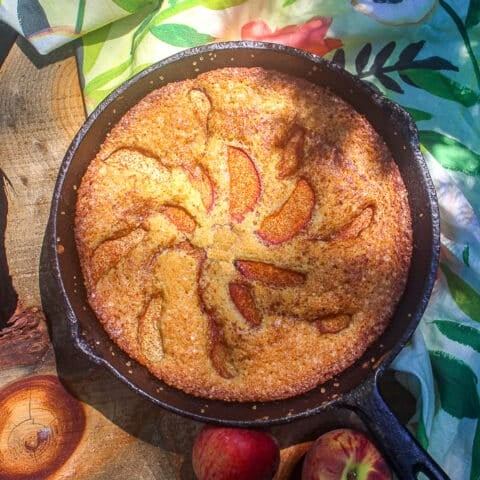 Easy Peach Torte overhead image of torte in a cast iron frying pan